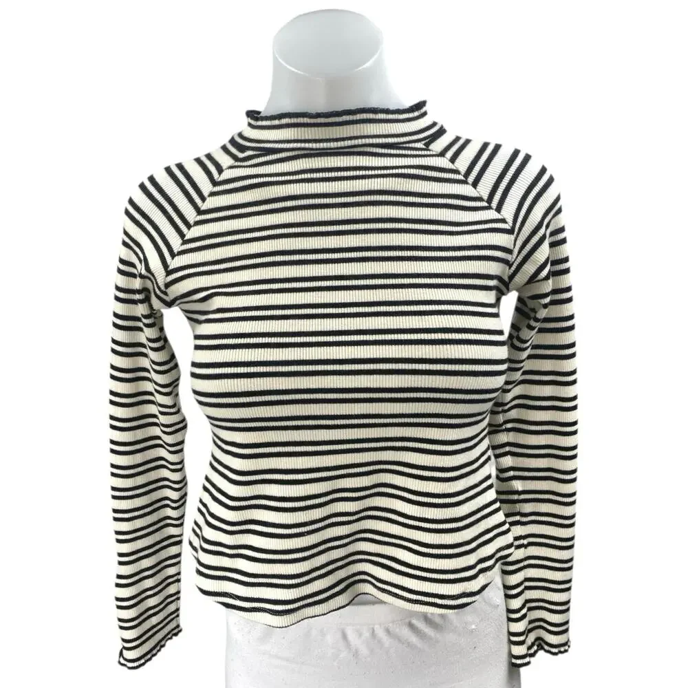 Free People White Black Striped Open Back Long Sleeve Crop Sweater Top Size S